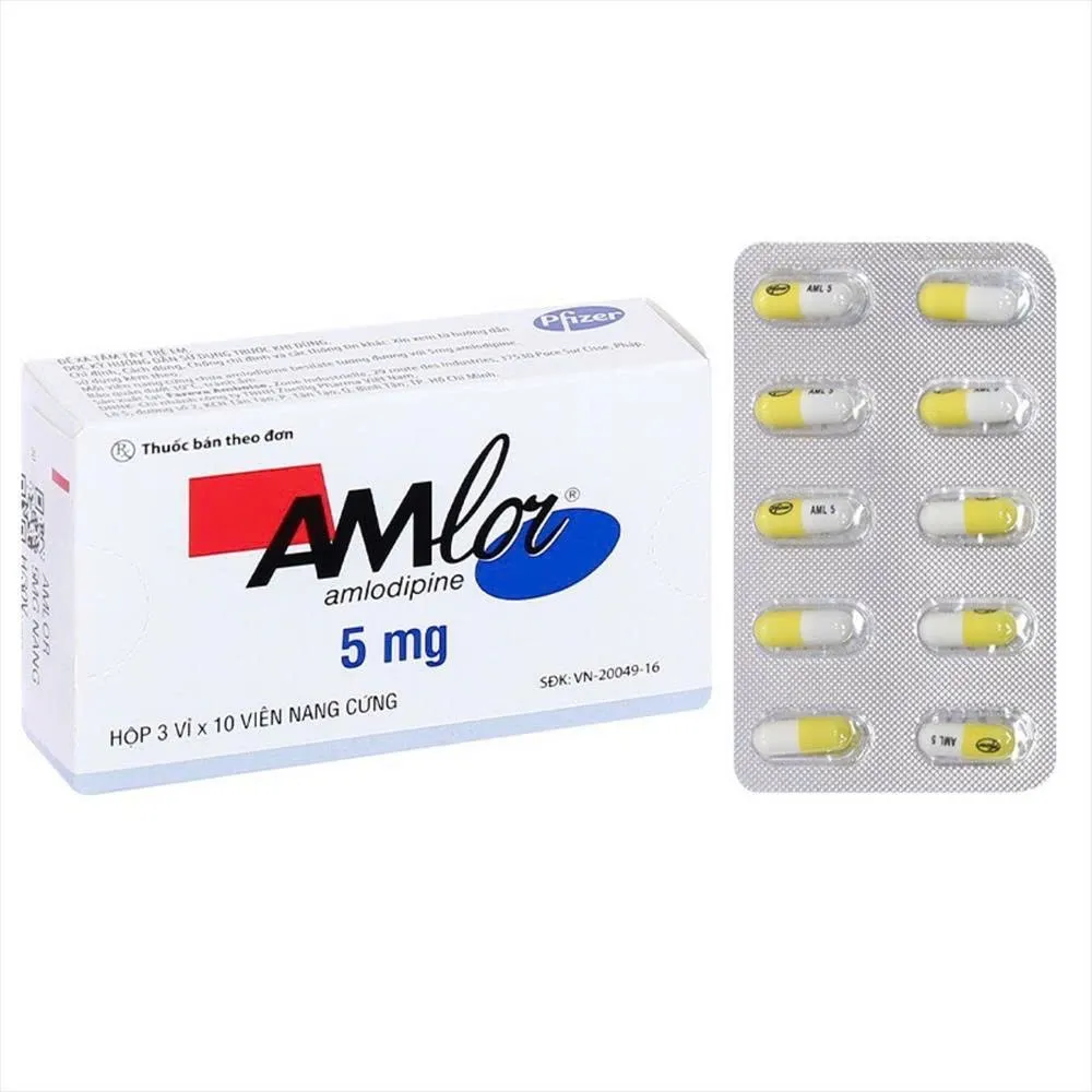 Amlor 5mg Pfizer (H/30v/nang) - Thuốc điều trị tăng huyết áp, đau thắt ngực (3 vỉ x 10 viên)